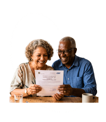 Casal de aposentados sorrindo ao analisar documento de empréstimo aprovado